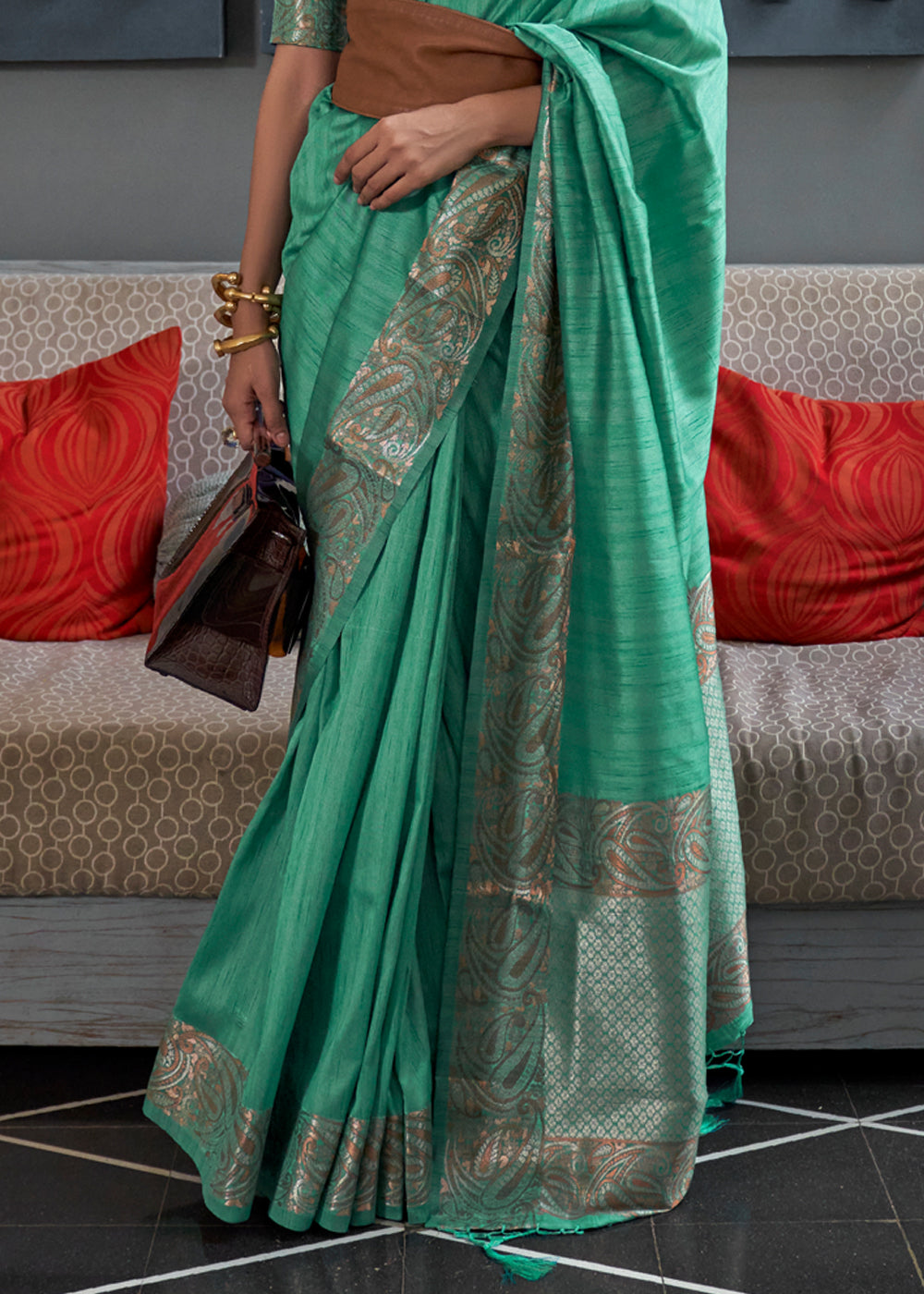 Buy MySilkLove Eucalyptus Green Woven Brocade Tussar Silk Saree Online