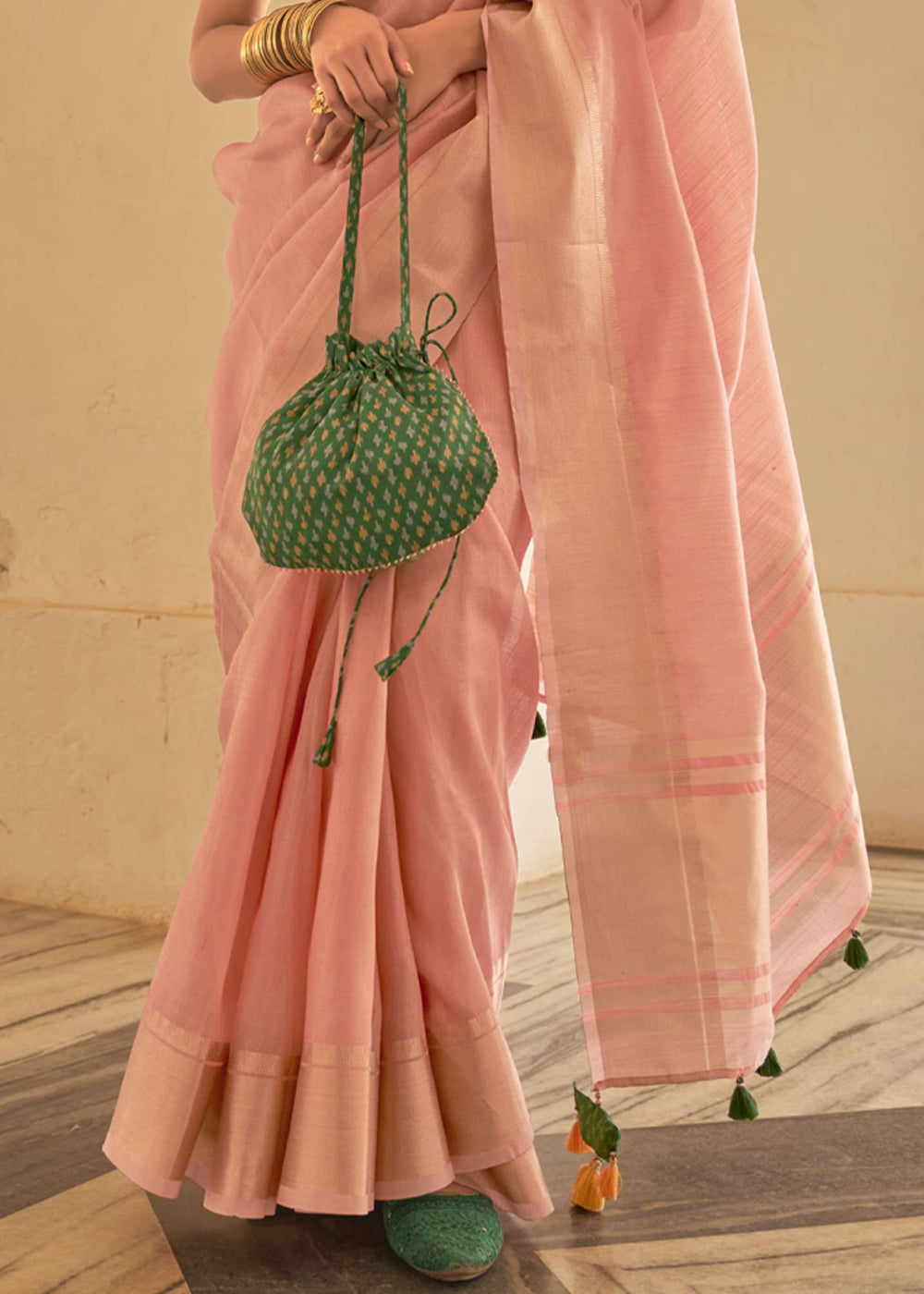 Buy MySilkLove Wax Flower Pink and Green Organza Silk Saree Online