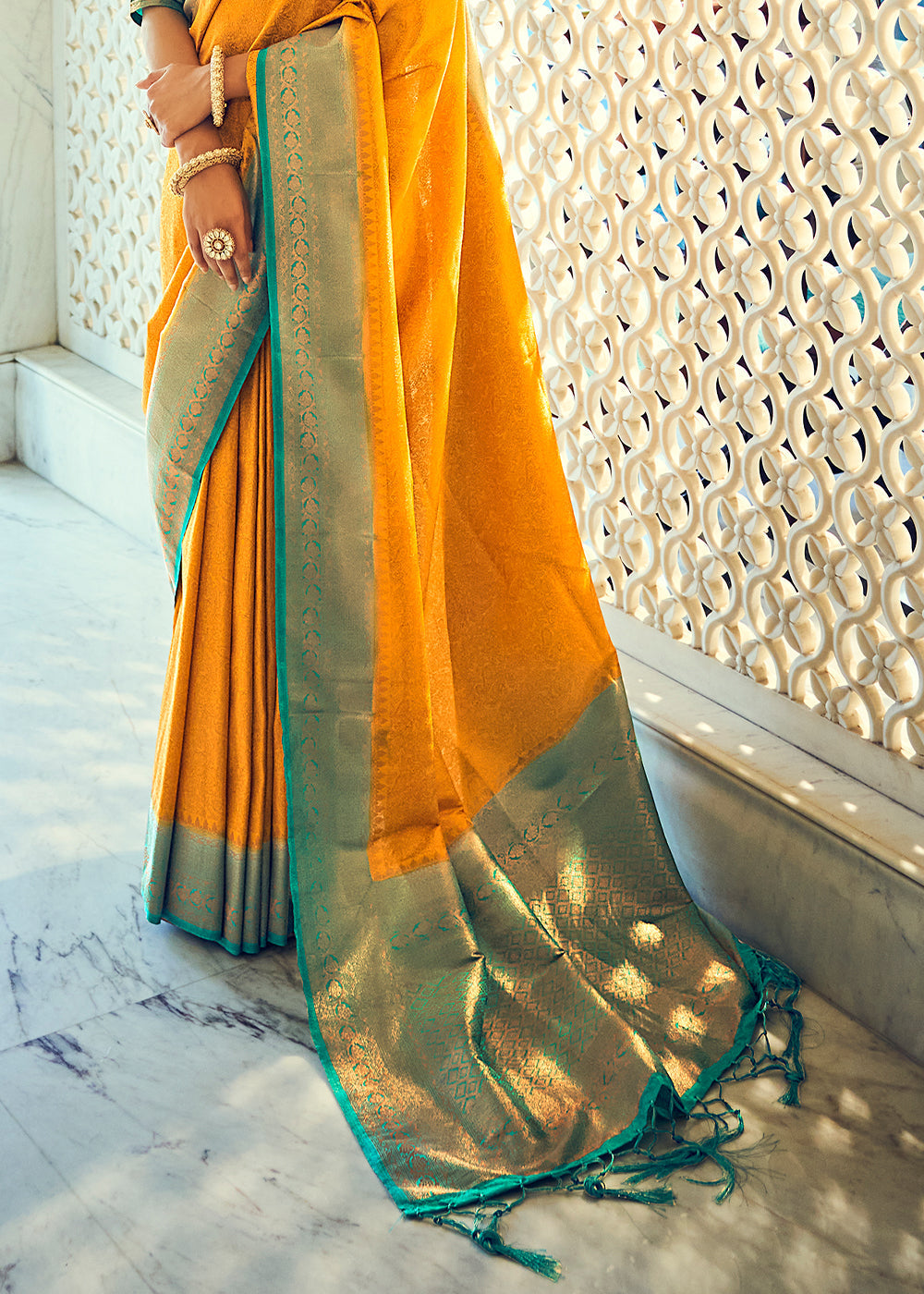 Buy MySilkLove Sunglow Yellow and Green Woven Kanjivaram Silk Saree Online
