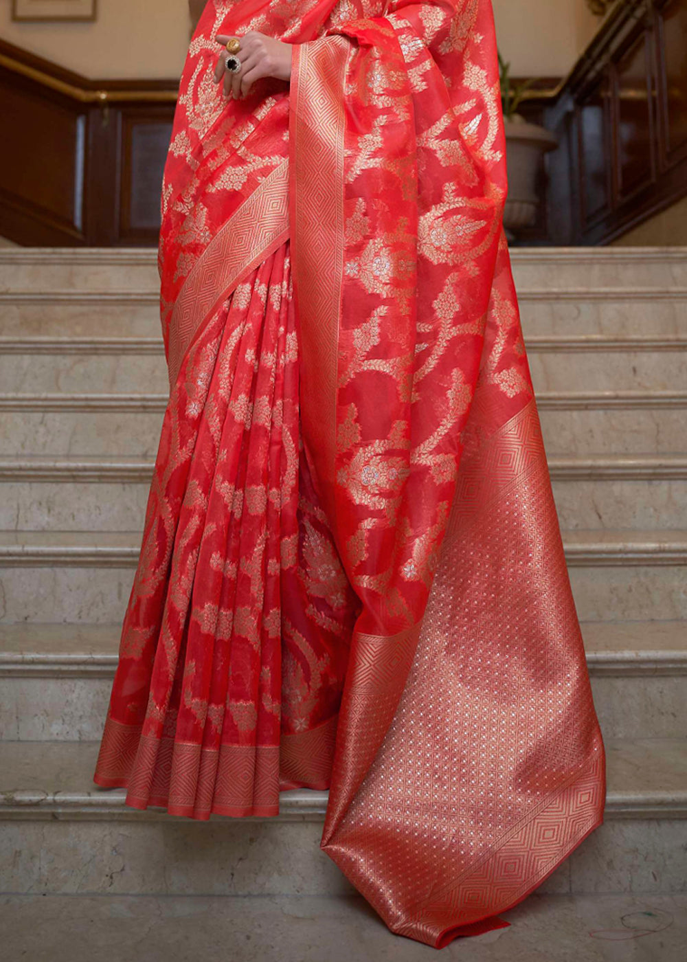 Buy MySilkLove Poppy Red Woven Organza Banarasi Silk Saree Online