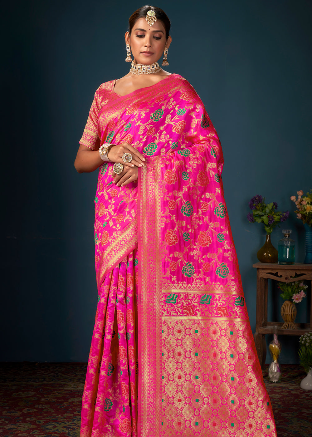 Buy MySilkLove Wild Strawberry Pink Woven Banarasi Silk Saree Online