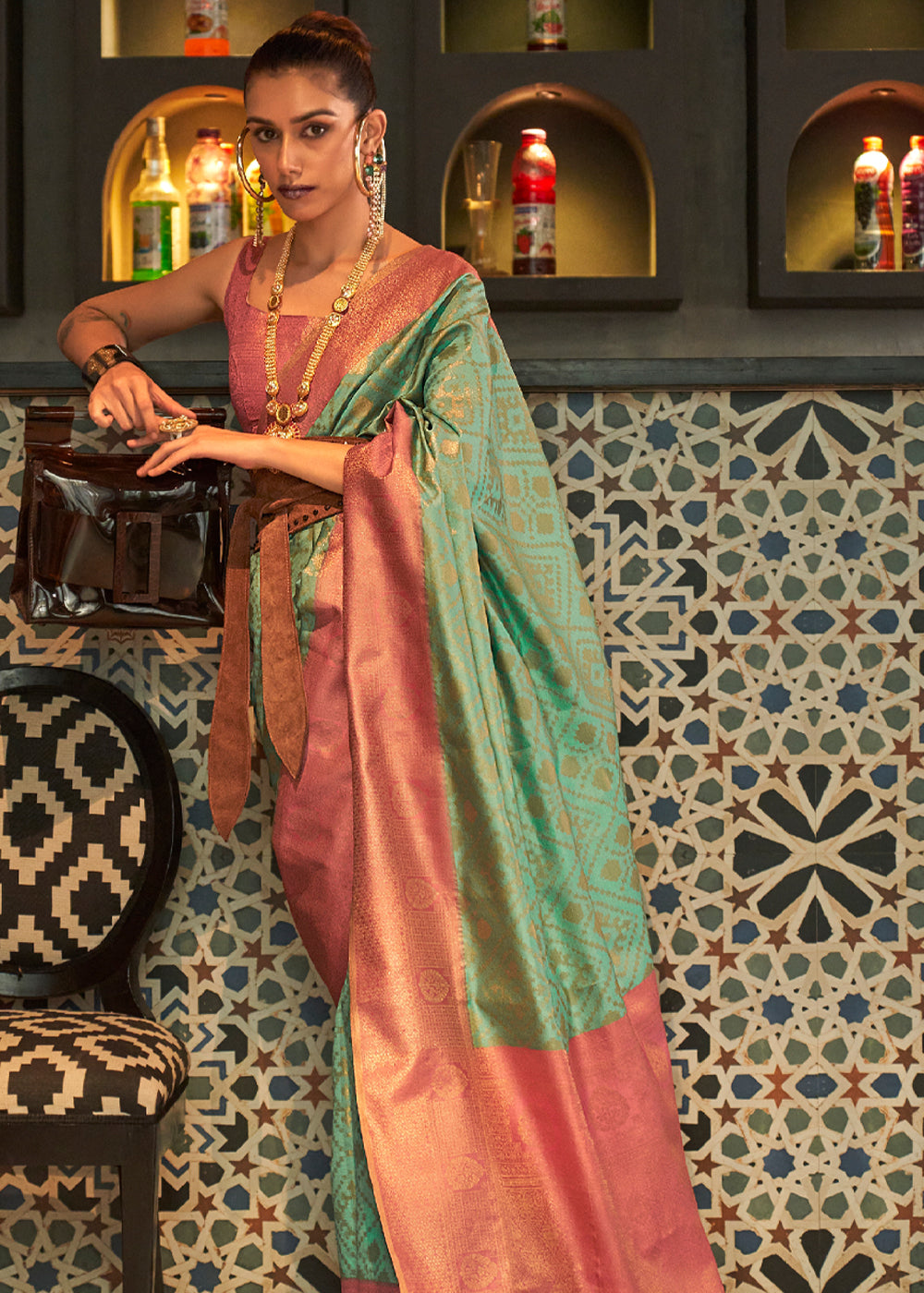 Buy MySilkLove Swamp Green and Pink Banarasi Woven Silk Saree Online