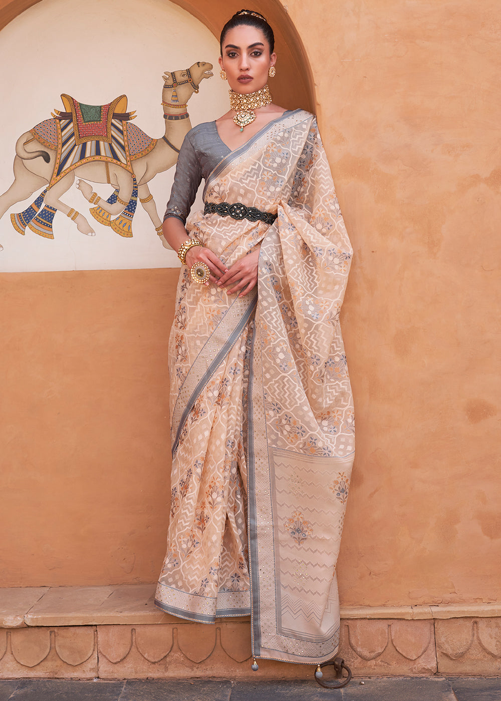 Buy MySilkLove Cashmere Peach Patola Printed Tissue Silk Saree Online