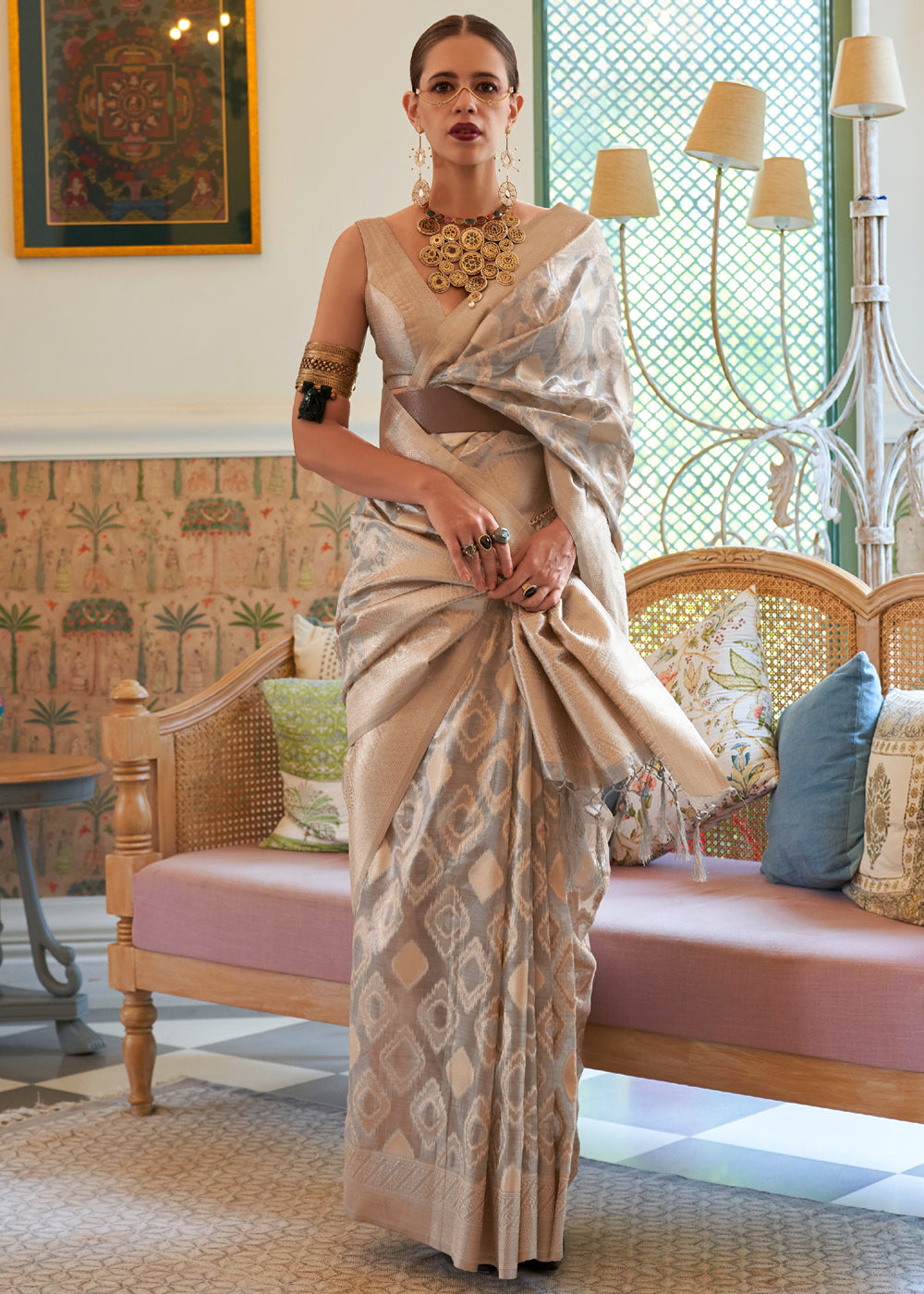 Buy MySilkLove Sorrell Grey Woven Banarasi Tissue Silk Saree Online