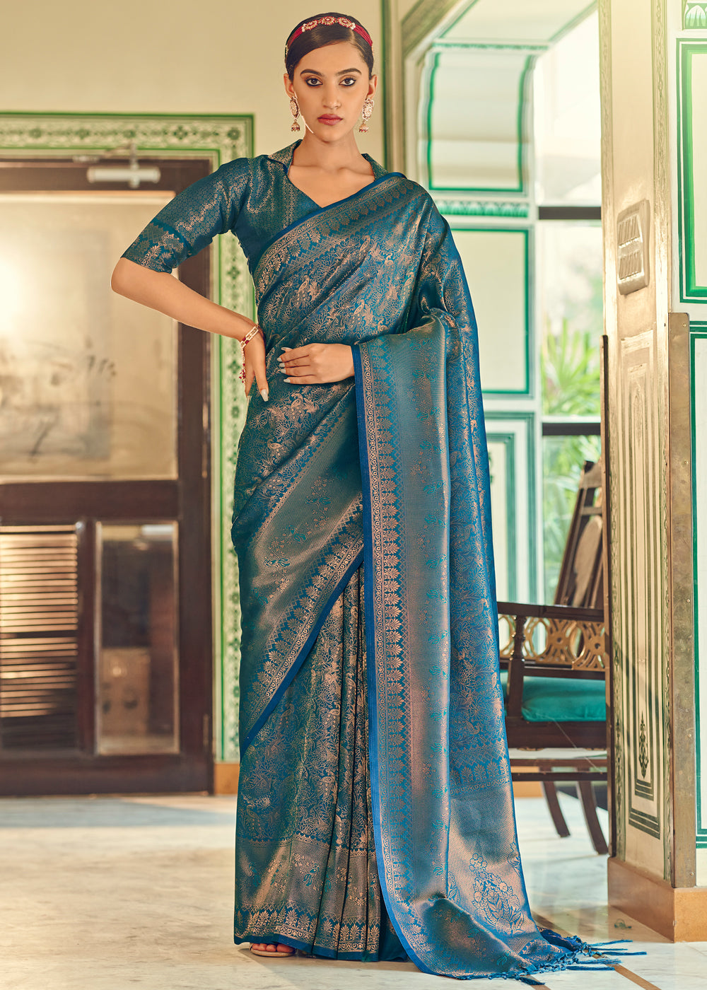 Buy MySilkLove Sark Blue Woven Kanjivaram Silk Saree Online