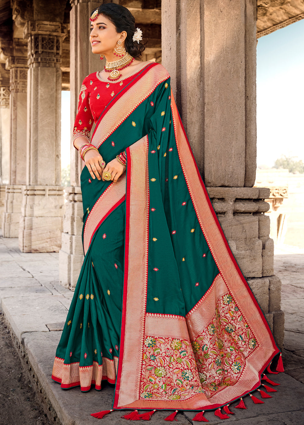 Buy MySilkLove Watercourse Green Banarasi Woven Silk Saree with Designer Blouse Online