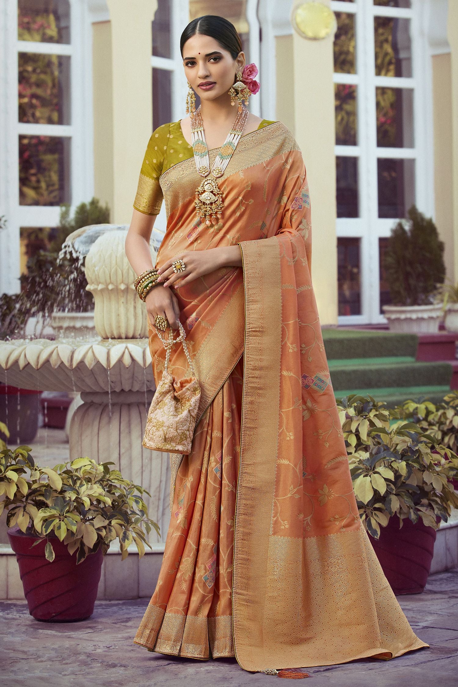Buy MySilkLove Tacao Orange Woven Designer Banarasi Silk Saree Online