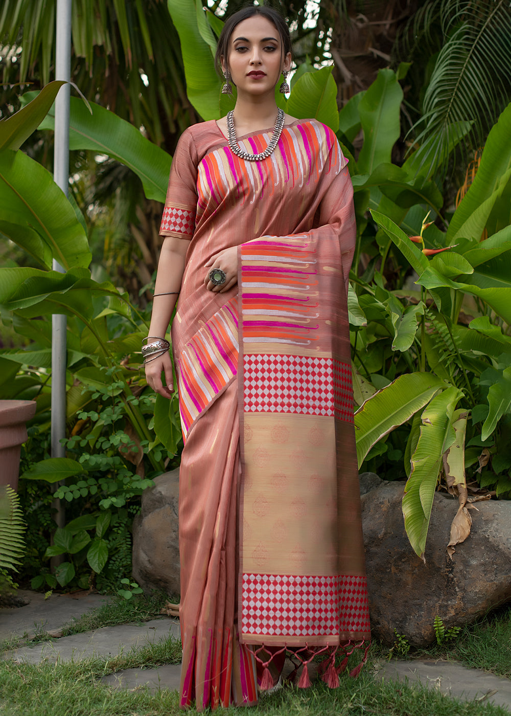 Buy MySilkLove Antique Brass Pinkish Brown Tussar Raw Silk Saree Online