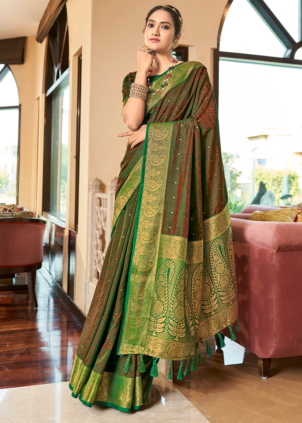 Buy MySilkLove Costa Del Sol Green Bnaarasi Woven Two Tone Saft Silk Saree Online