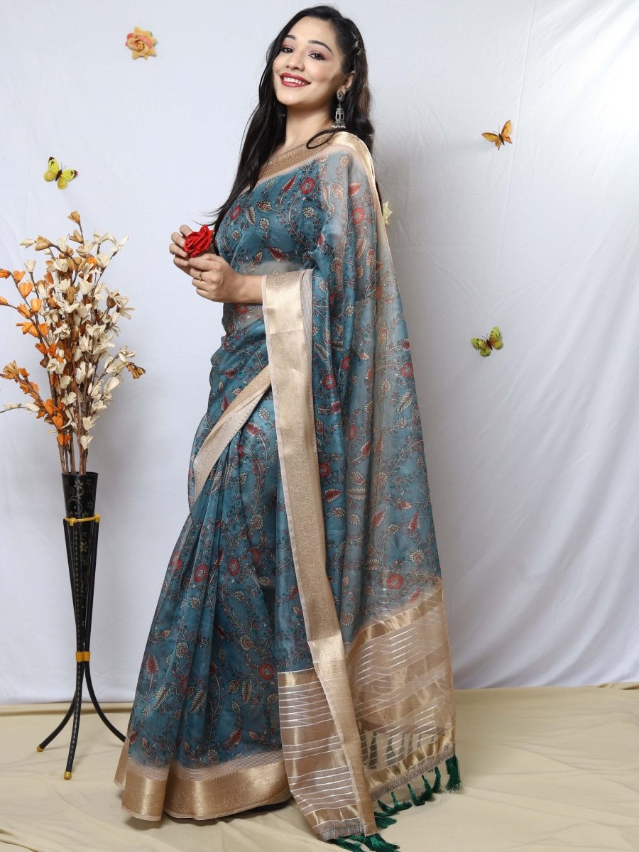 Buy MySilkLove Casper Blue Organza Kalamkari Printed with Sequins Jacquard Woven Saree Online