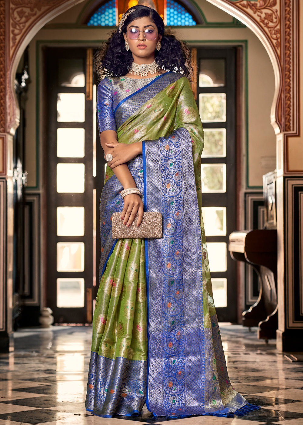 Buy MySilkLove Crete Green and Blue Woven Banarasi Organza Silk Saree Online