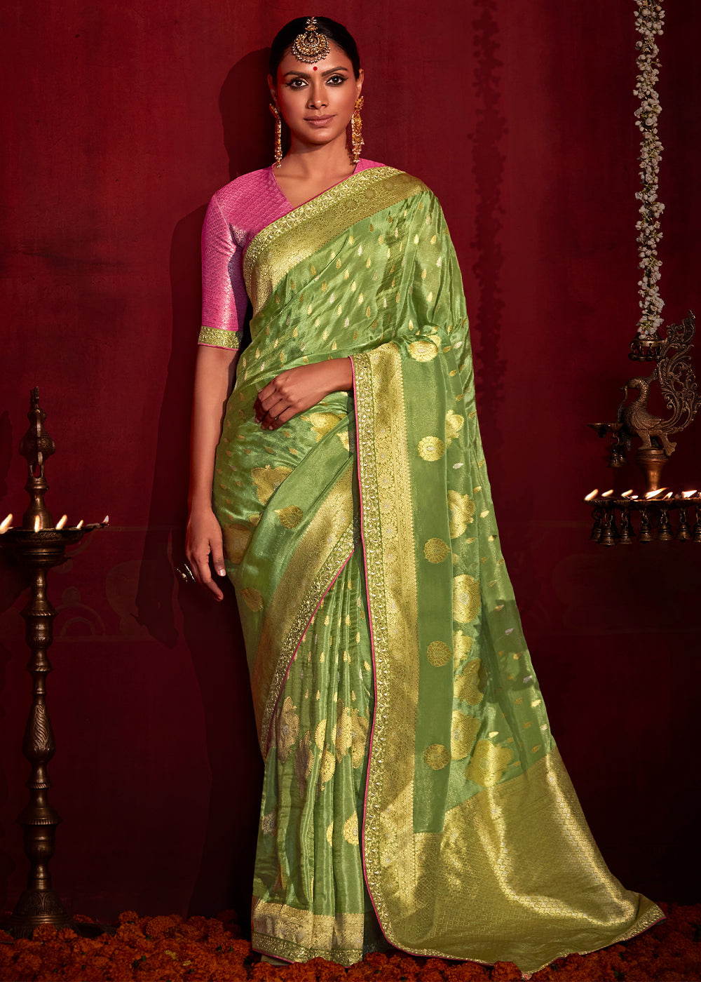 Pesto Green Woven Banarasi Georgette Silk Saree