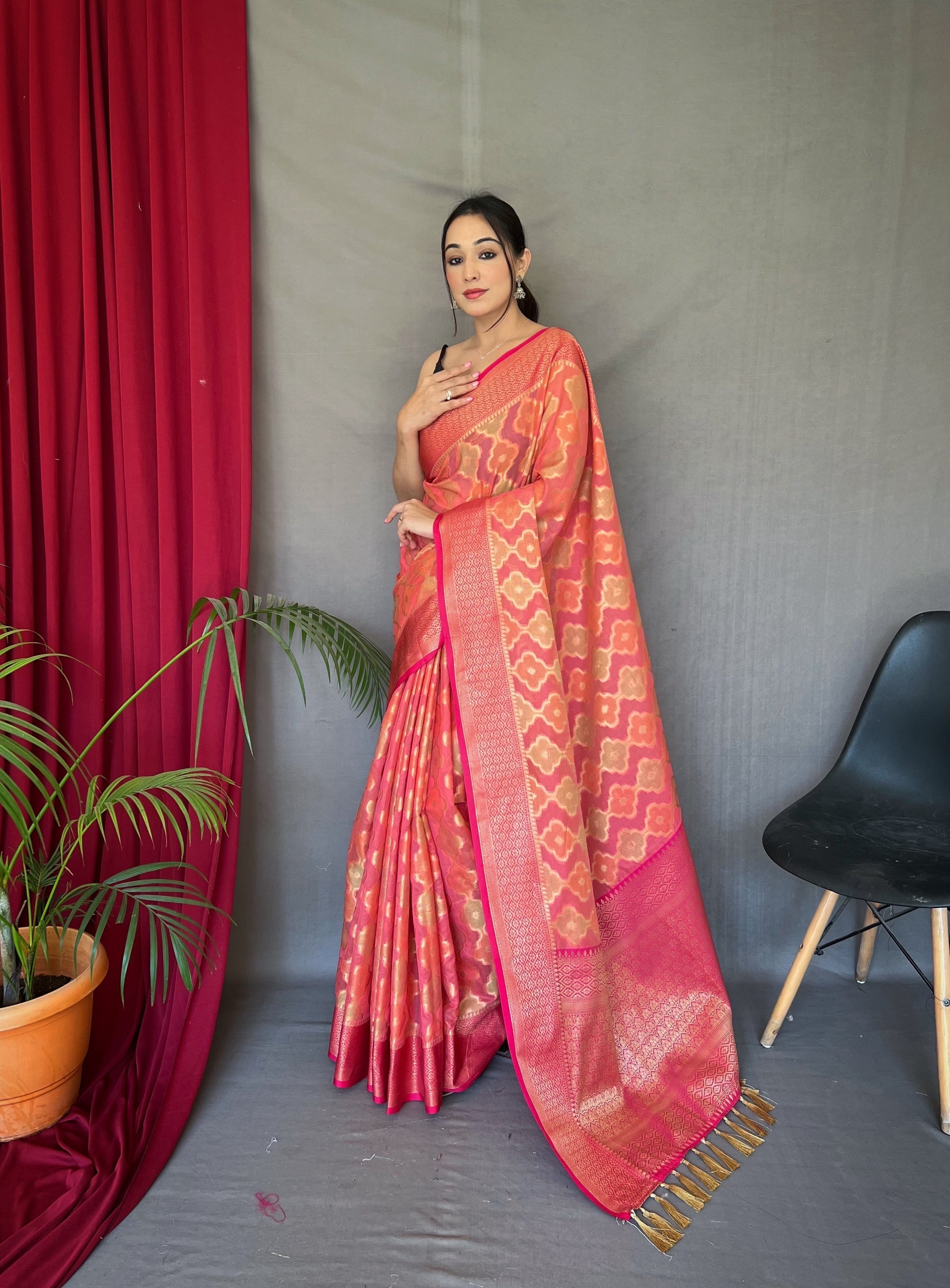 Buy MySilkLove Geraldine Pink Woven Organza Silk Saree Online