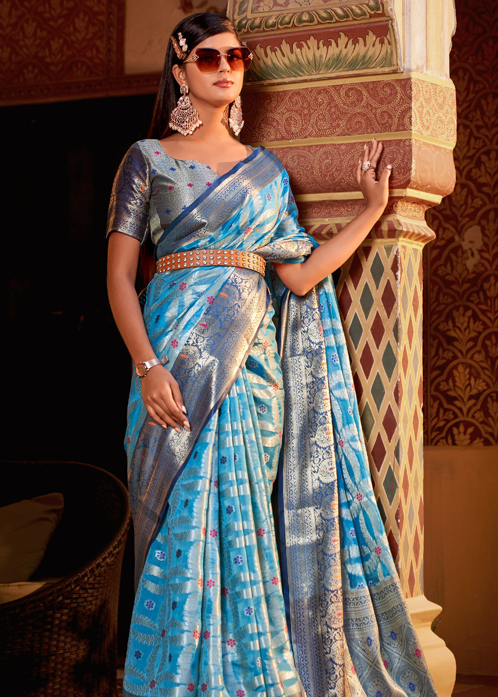 MySilkLove Pelorous Blue Banarasi Tissue Woven Silk Saree