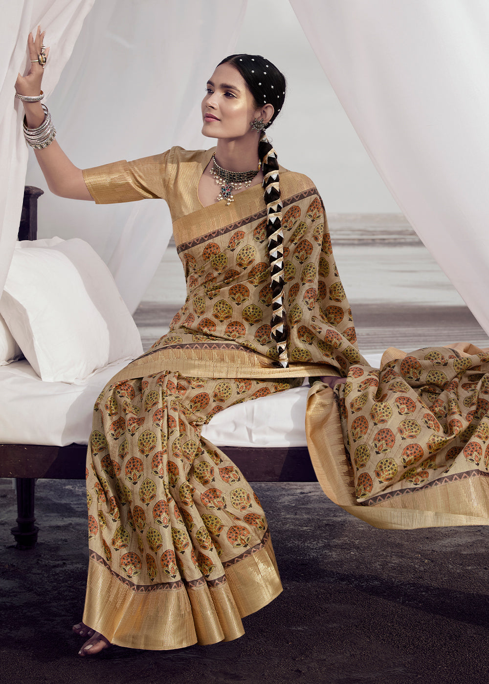 Buy MySilkLove Twine Brown Printed Designer Silk Saree Online