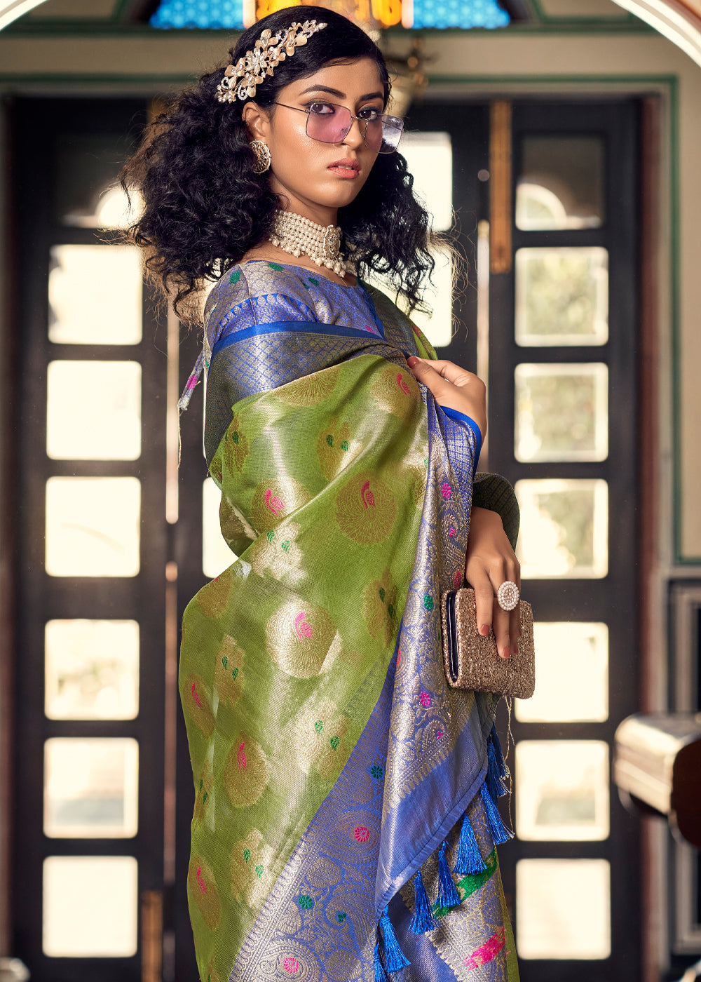 Buy MySilkLove Crete Green and Blue Woven Banarasi Organza Silk Saree Online