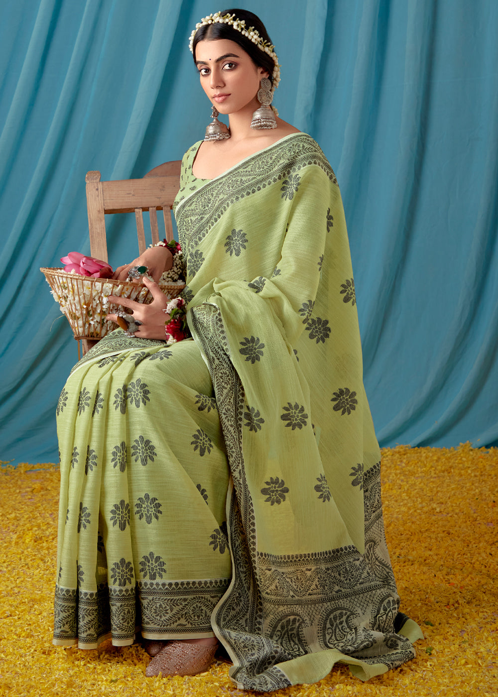 Buy MySilkLove Barley Corn Green Woven Banarasi Linen Silk Saree Online