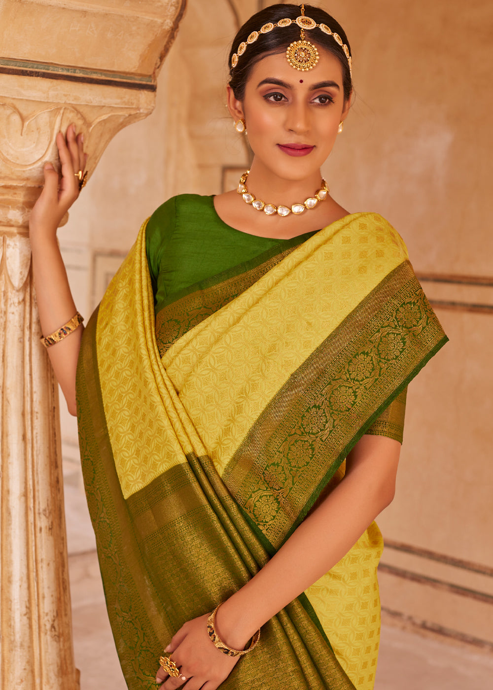 MySilkLove Rob Roy Yellow and Green Woven Kanjivram Silk Saree