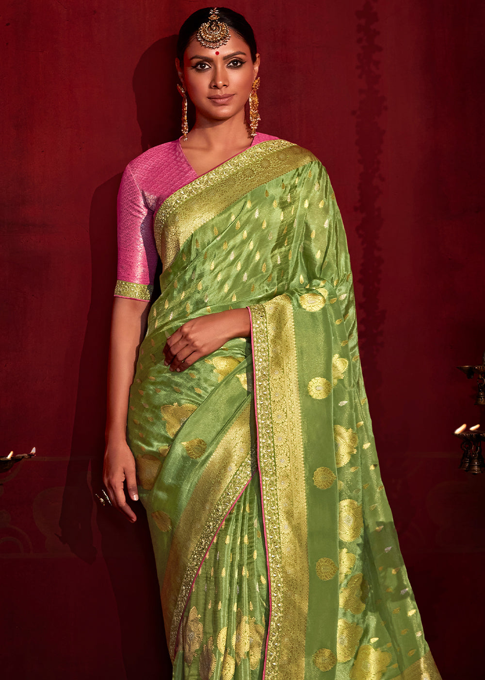 Pesto Green Woven Banarasi Georgette Silk Saree