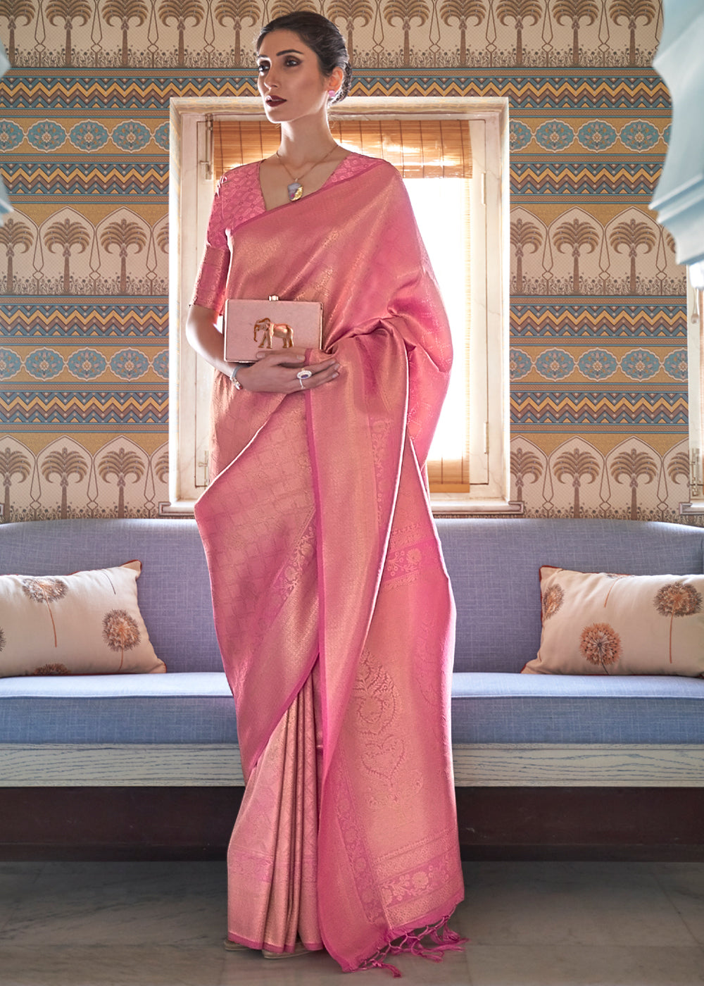 Buy MySilkLove Sea Pink Woven Kanjivaram Silk Saree Online