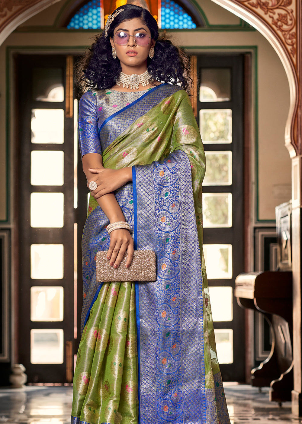 Buy MySilkLove Crete Green and Blue Woven Banarasi Organza Silk Saree Online