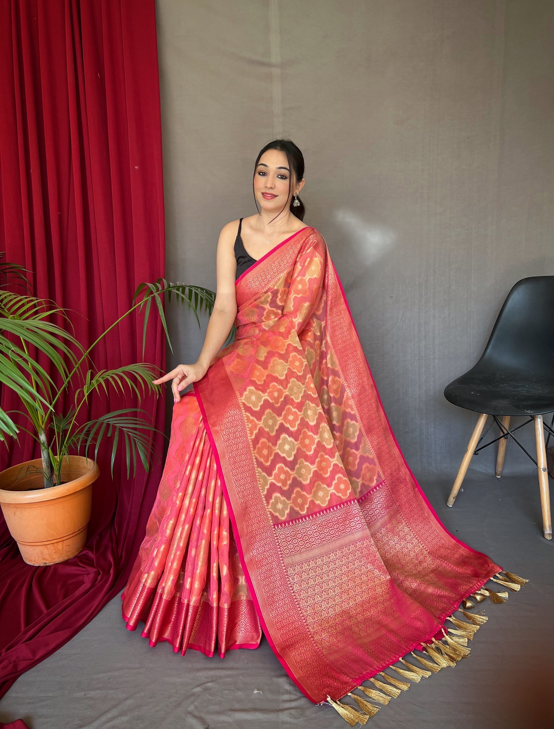 Buy MySilkLove Geraldine Pink Woven Organza Silk Saree Online