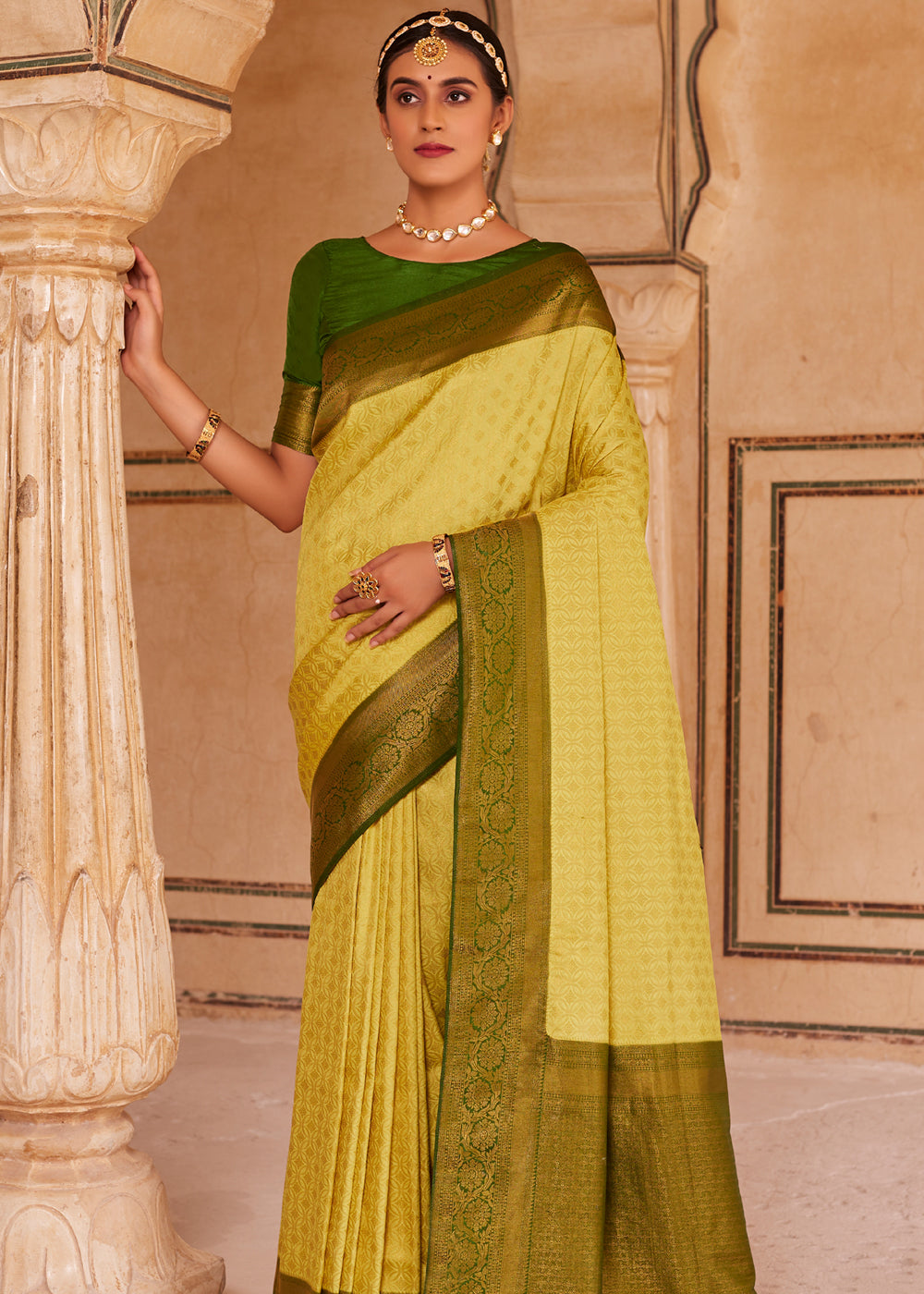 Buy MySilkLove Rob Roy Yellow and Green Woven Kanjivram Silk Saree Online