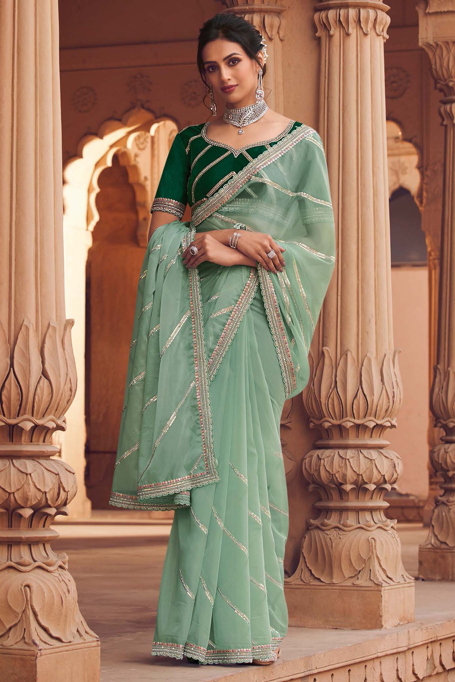 Buy MySilkLove Summer Green Organza Silk with Embroidered Designer Saree Online