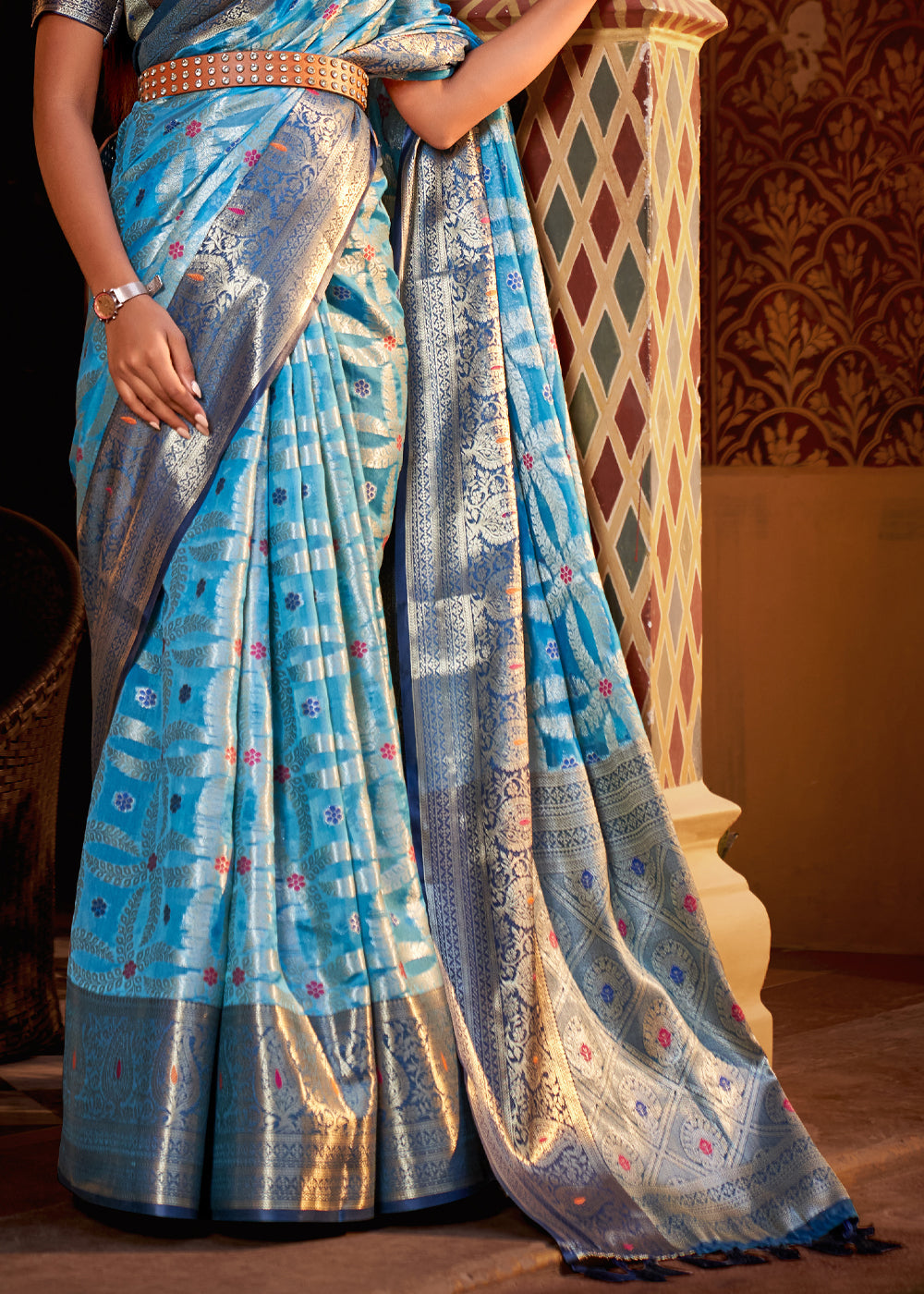 Buy MySilkLove Pelorous Blue Banarasi Tissue Woven Silk Saree Online