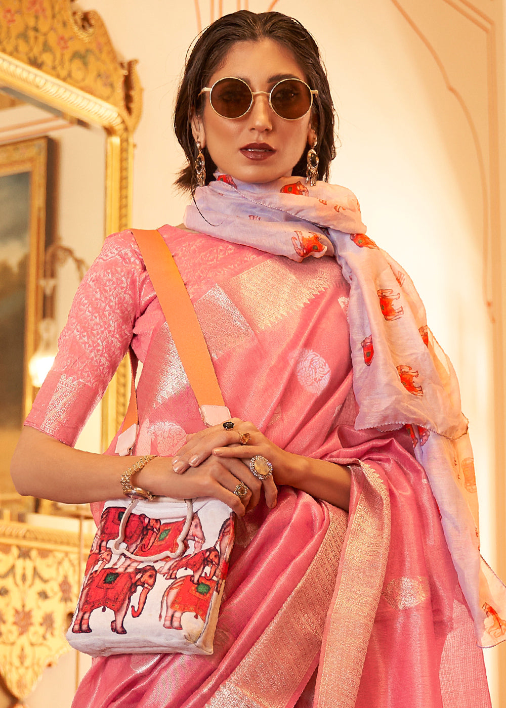 Buy MySilkLove Sweet Pink Zari Woven Tissue Silk Saree Online