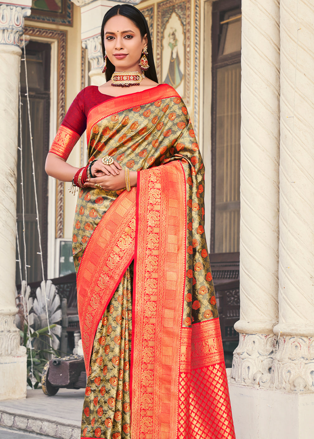 Buy MySilkLove Brandy Grey and Red Woven Kanjivaram Silk Saree Online