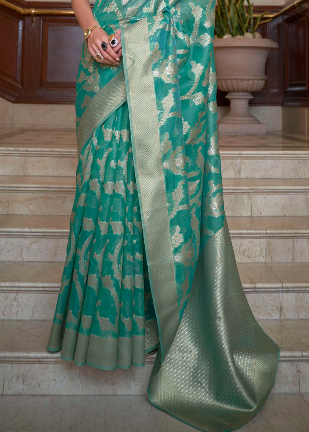 Buy MySilkLove Eucalyptus Blue Woven Organza Banarasi Silk Saree Online