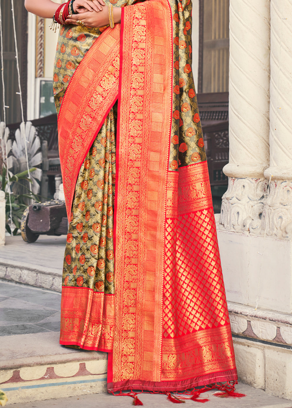 Buy MySilkLove Brandy Grey and Red Woven Kanjivaram Silk Saree Online