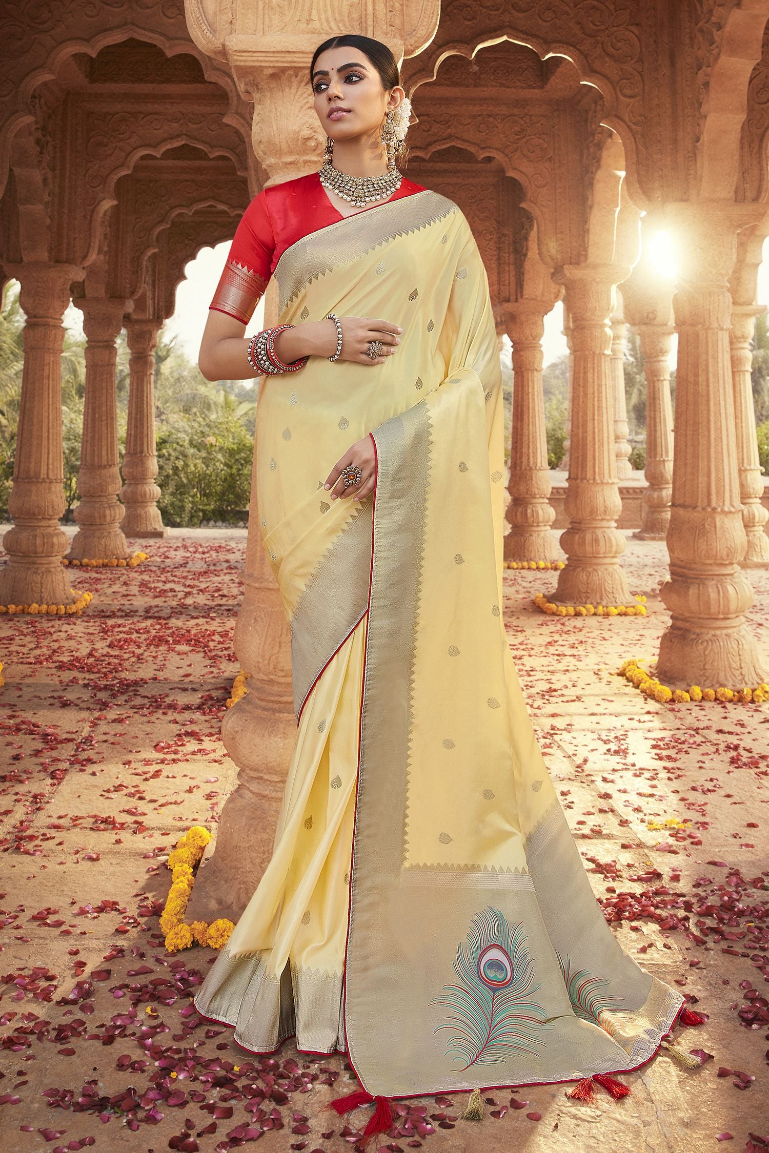 Buy MySilkLove Lemon Chiffon Yellow Designer Banarasi Satin Silk Saree Online