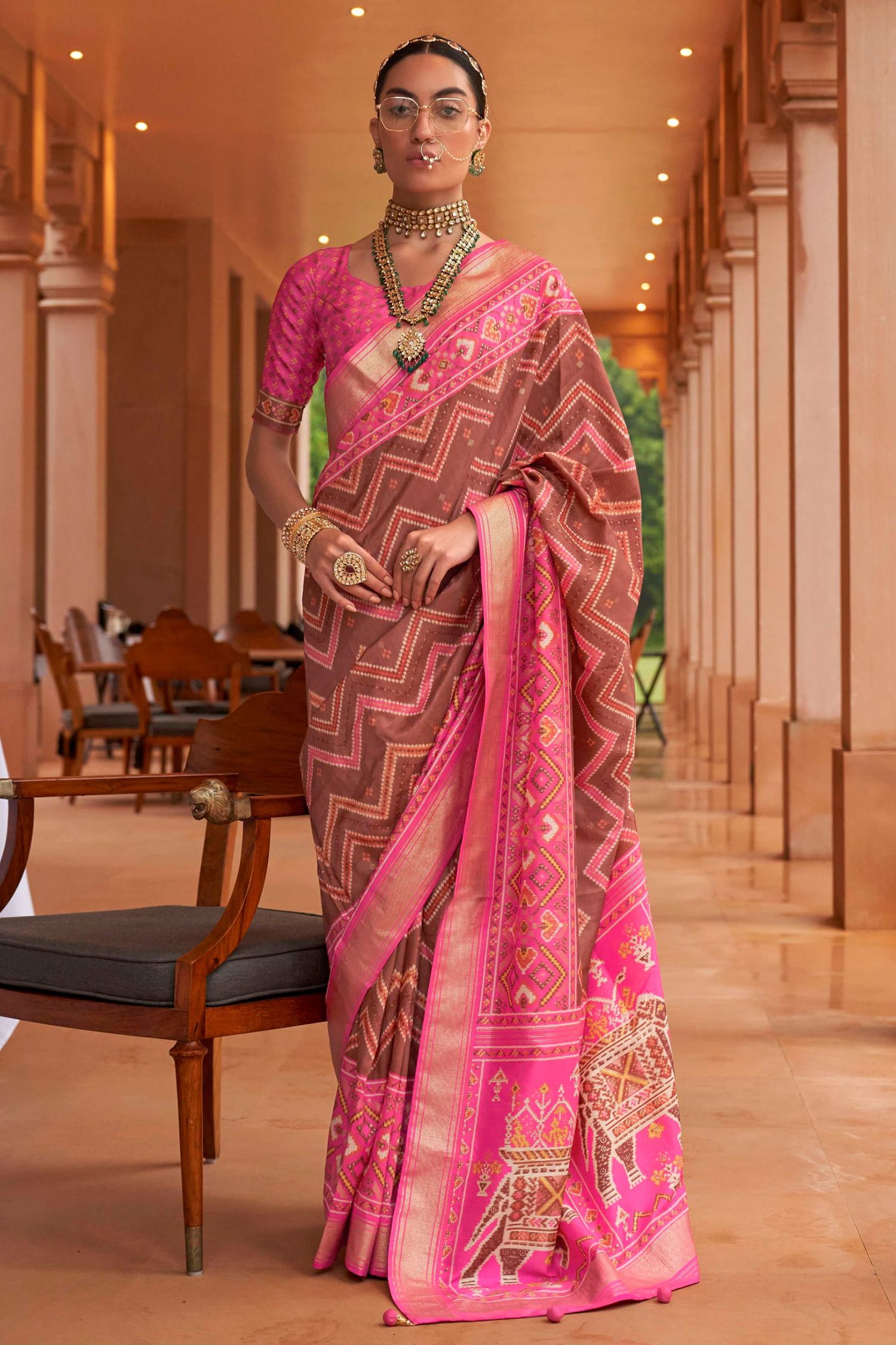 Buy MySilkLove Sepia Skin Brown and Pink Patola Printed Silk Saree Online