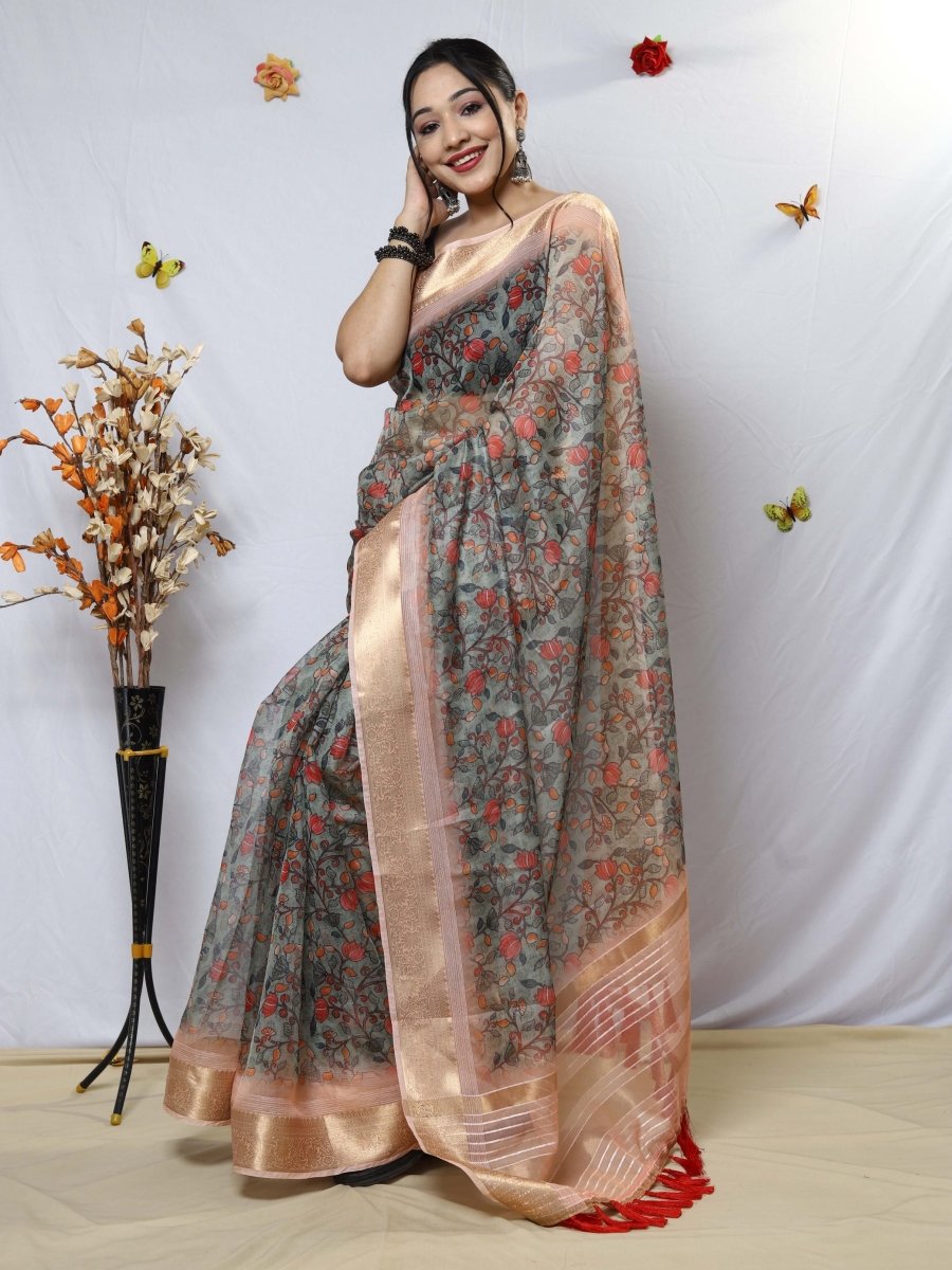 Buy MySilkLove Cloudy Grey Organza Kalamkari Printed with Sequins Jacquard Woven Saree Online