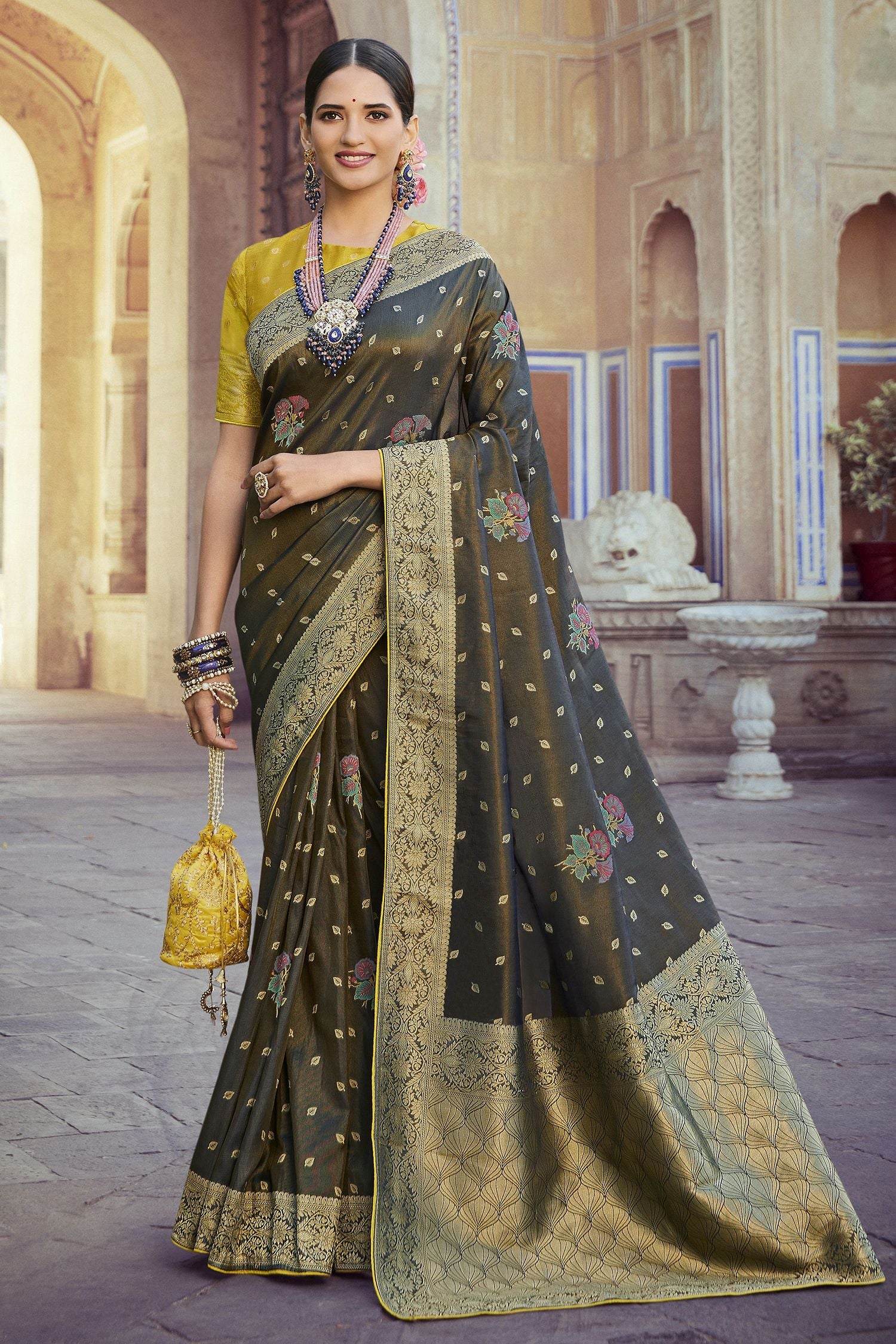 Mongoose Green and Black Woven Designer Banarasi Silk Saree