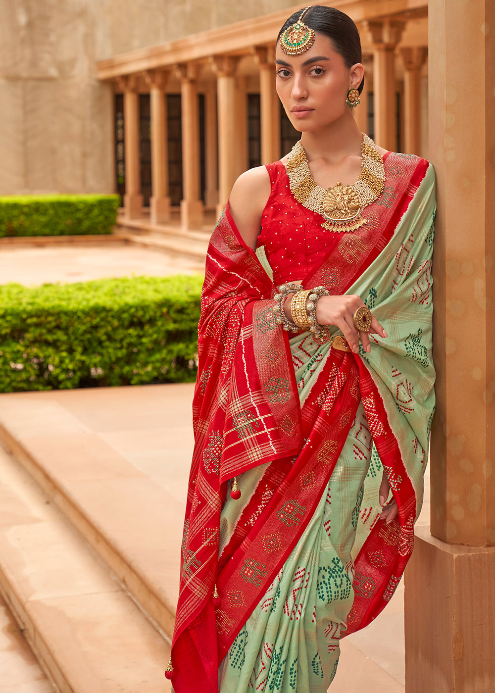 Buy MySilkLove Coral Reef Green and Red Patola Silk Saree Online