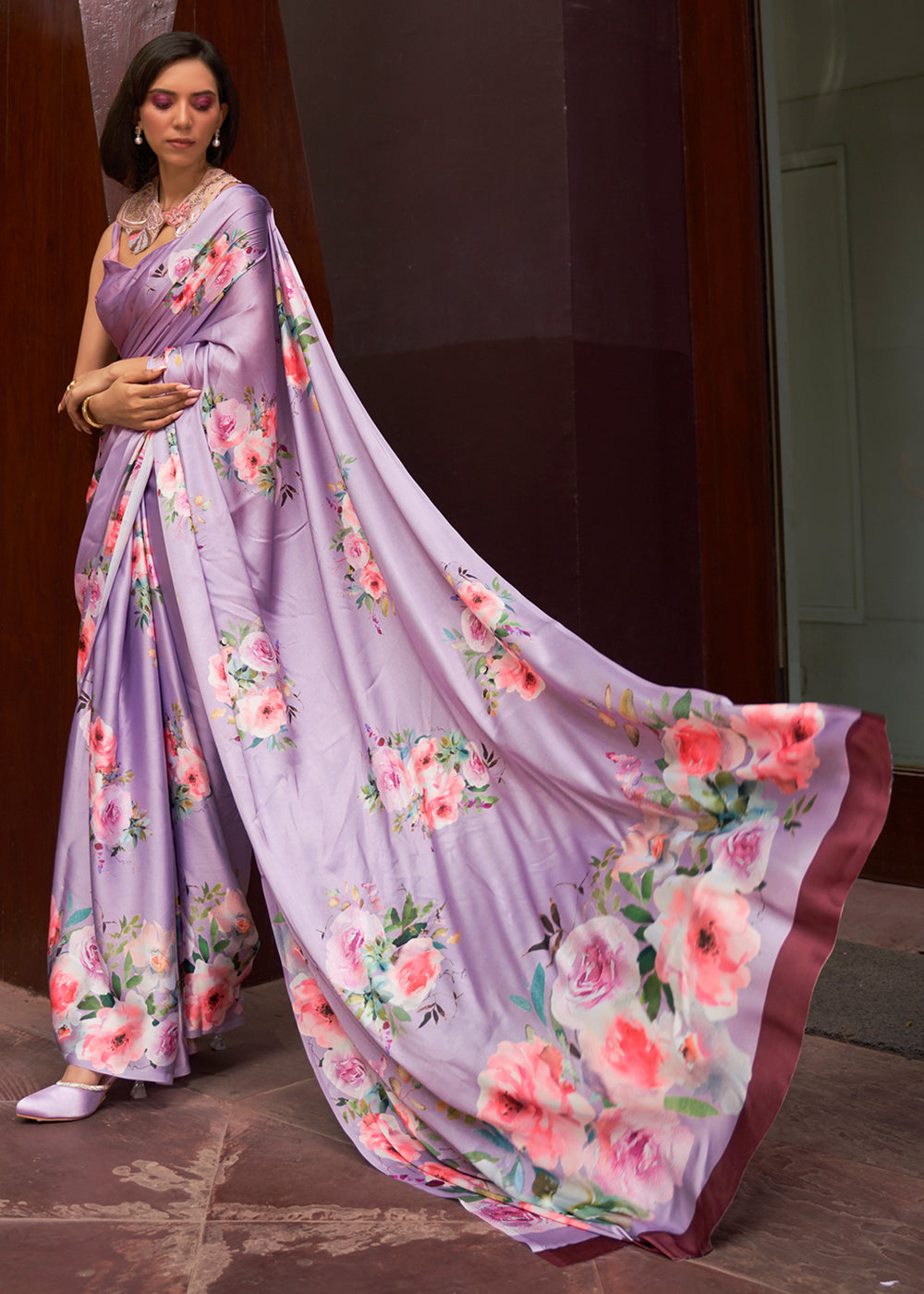 Buy MySilkLove Bouquet Purple Floral Printed Satin Silk Saree Online