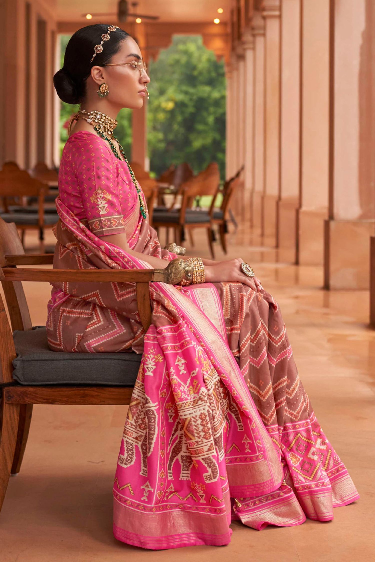 Buy MySilkLove Sepia Skin Brown and Pink Patola Printed Silk Saree Online