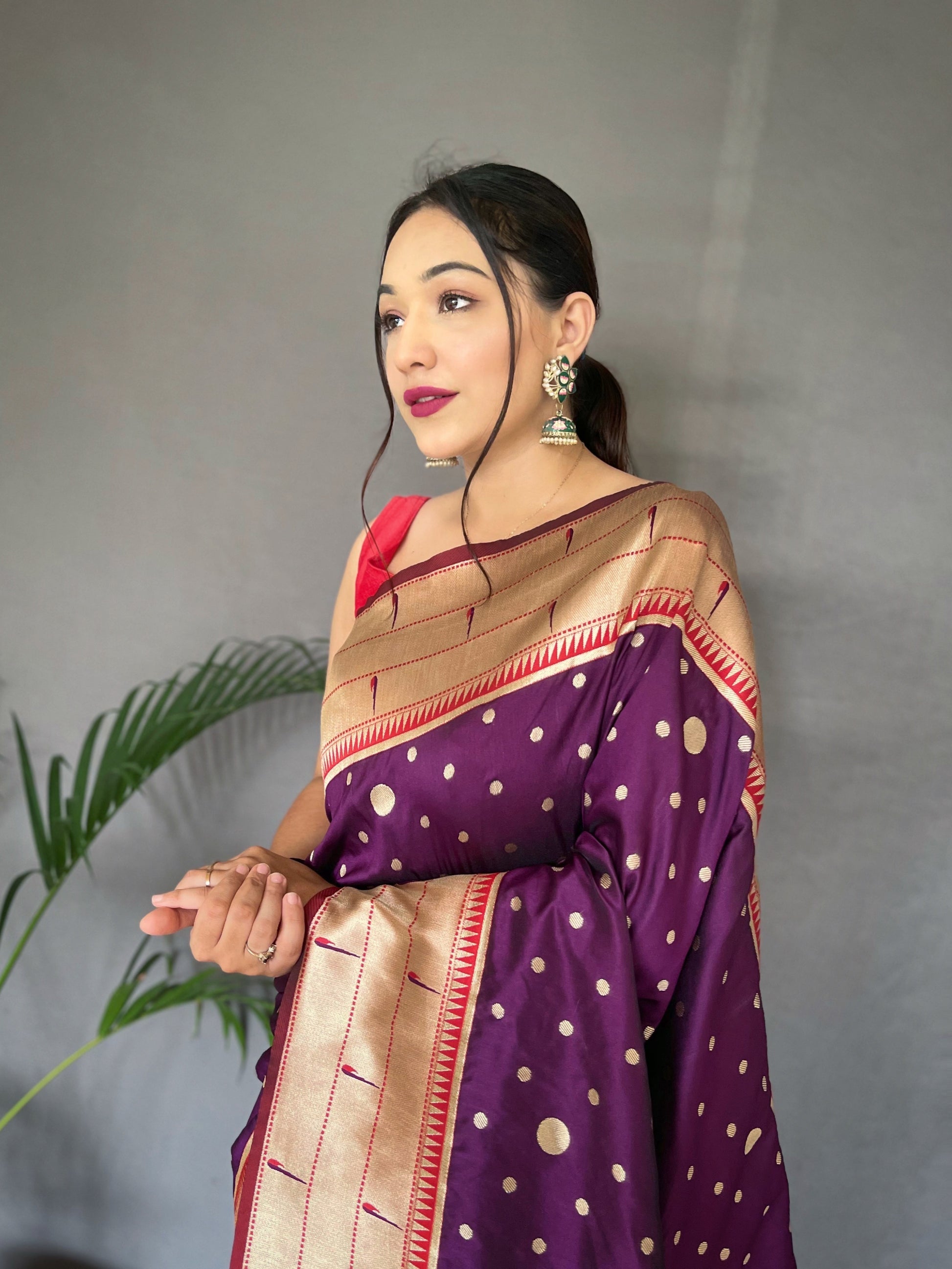 Buy MySilkLove Razzmic Berry Purple Polka Paithani Woven Silk Saree Online