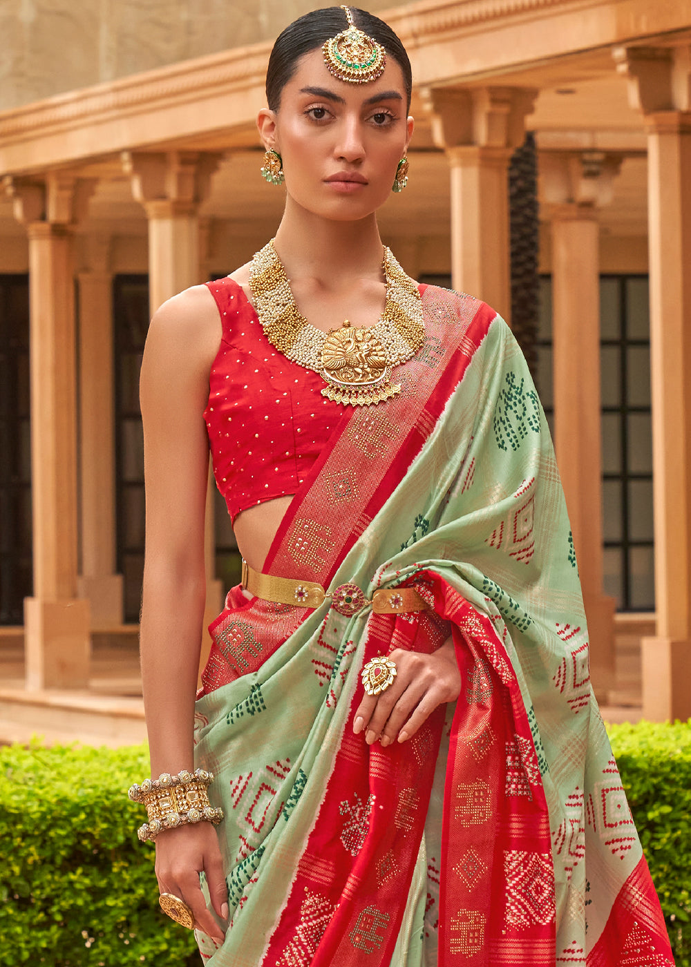 Buy MySilkLove Coral Reef Green and Red Patola Silk Saree Online