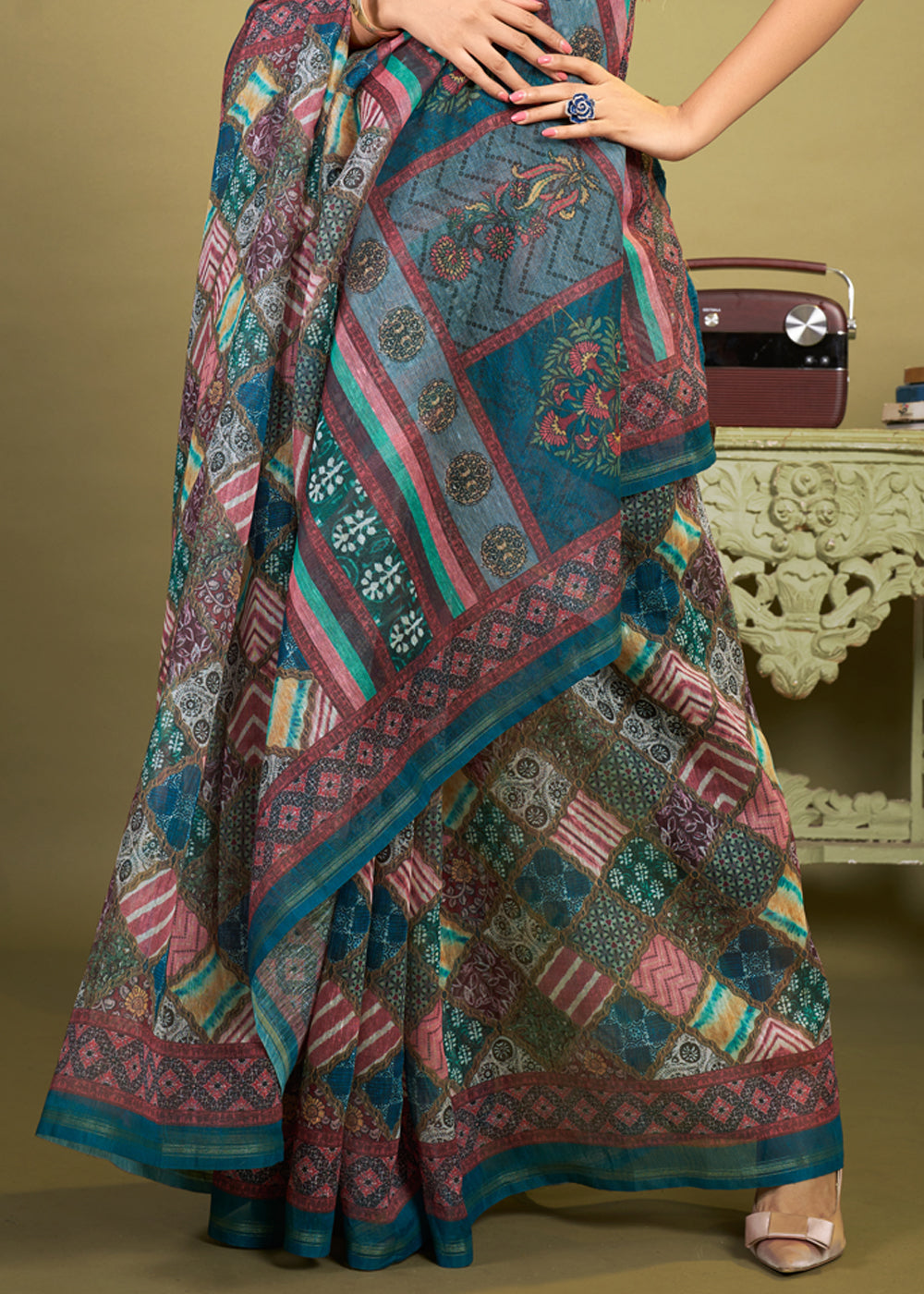 Buy MySilkLove Atoll Blue Cotton Patola Printed Silk Saree Online