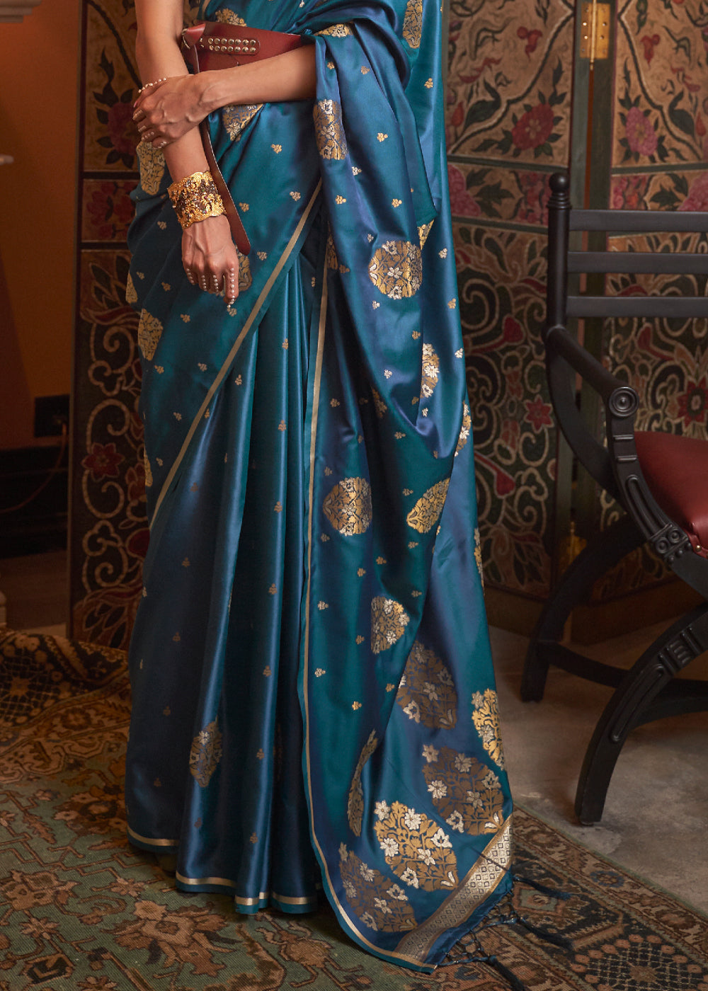 Buy MySilkLove Kashmir Blue Woven Satin Silk Saree Online