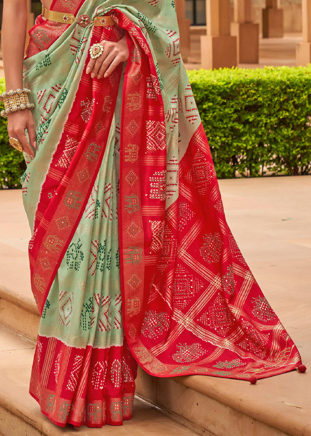 Buy MySilkLove Coral Reef Green and Red Patola Silk Saree Online