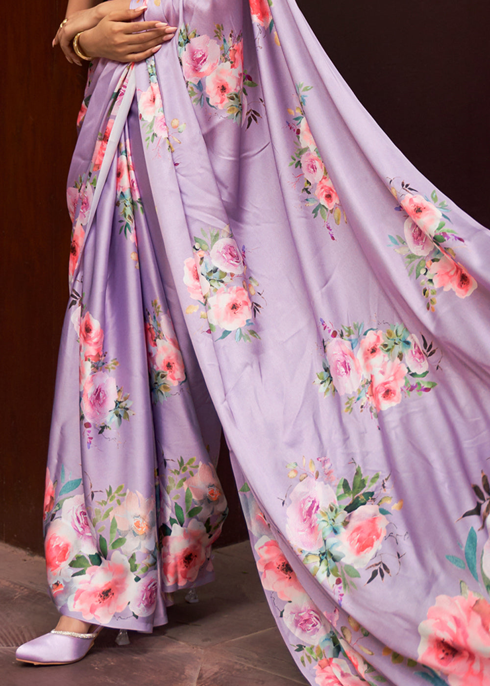 Buy MySilkLove Bouquet Purple Floral Printed Satin Silk Saree Online