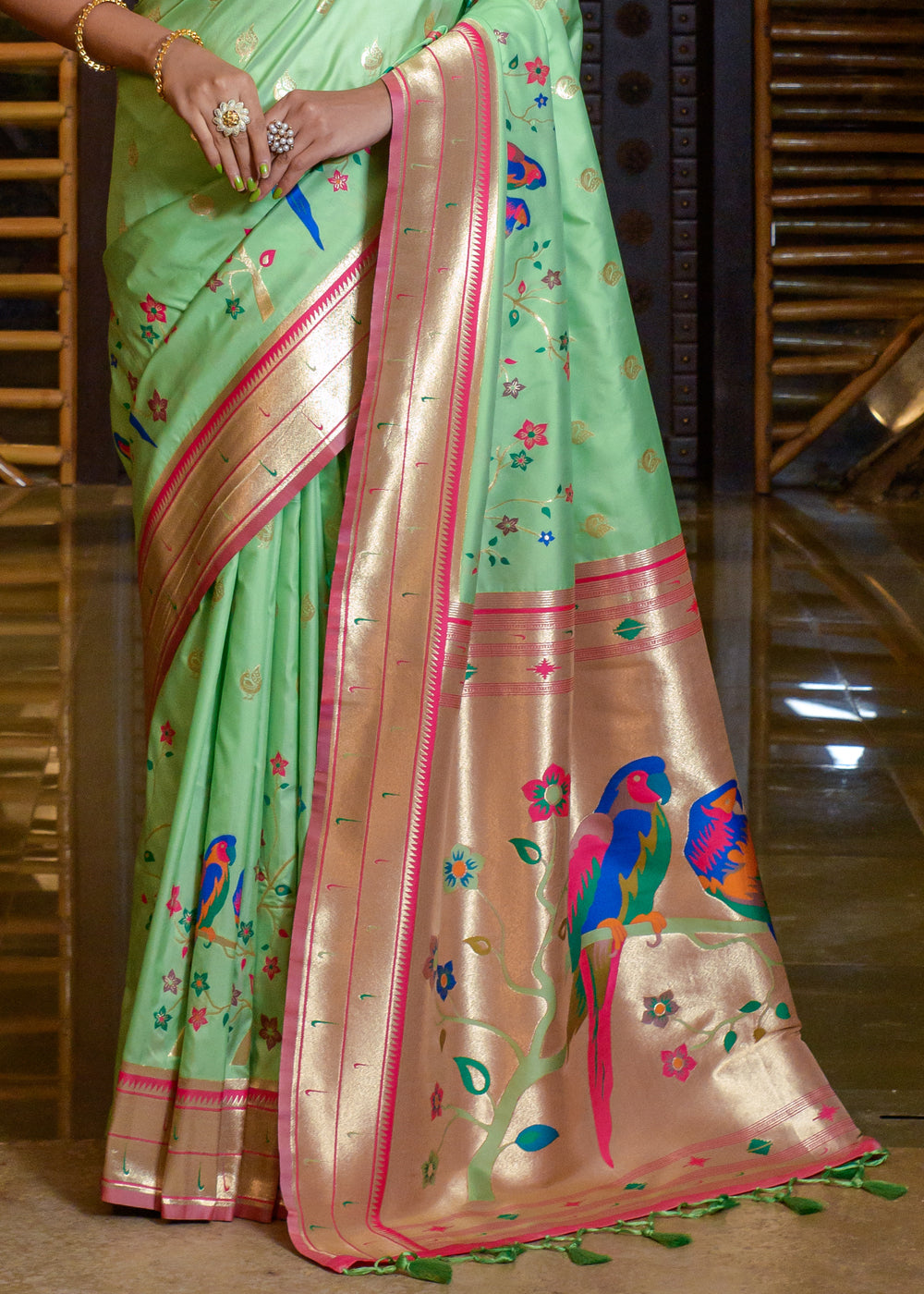 Pista Green Woven paithani Silk Saree