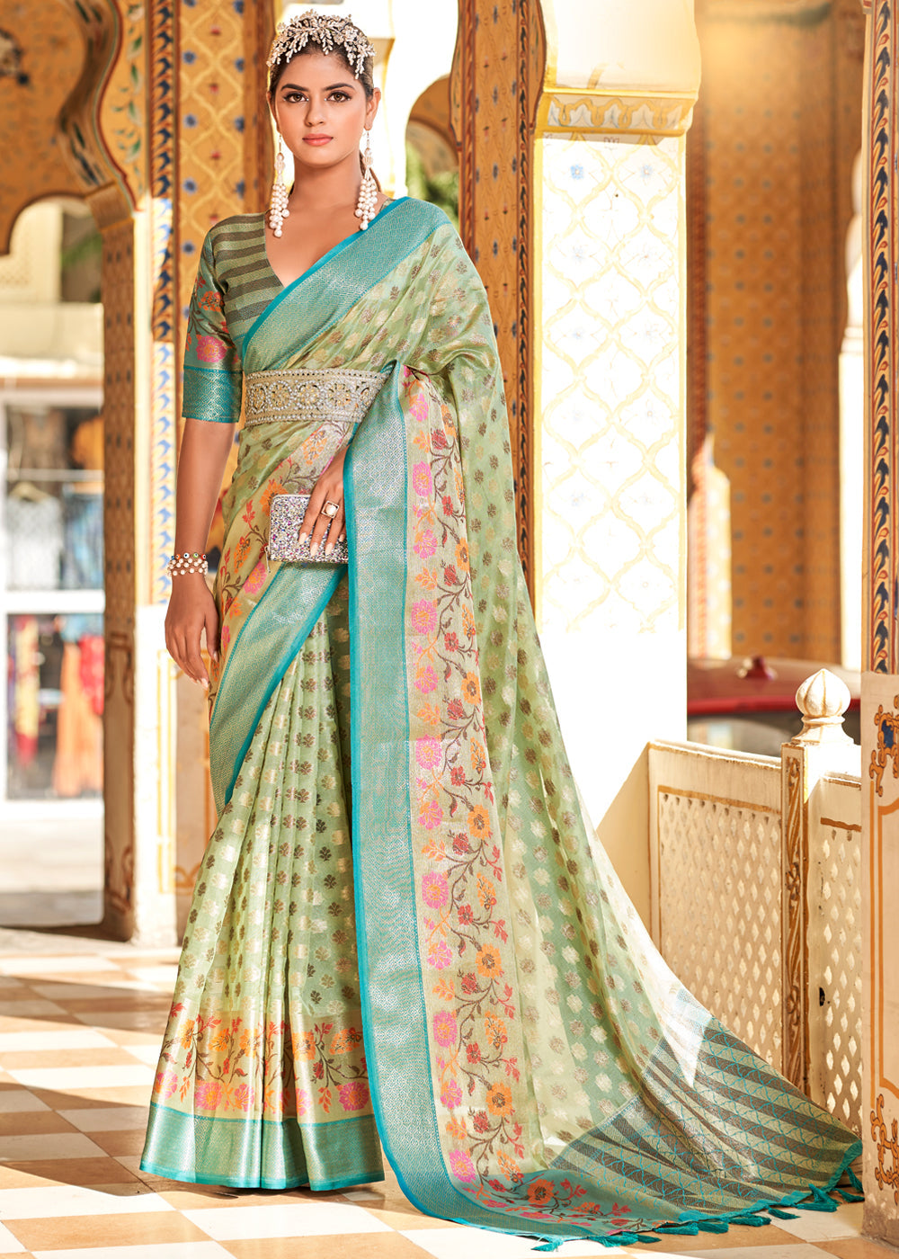 Buy MySilkLove Norway Green Banarasi Tissue Woven Silk Saree Online