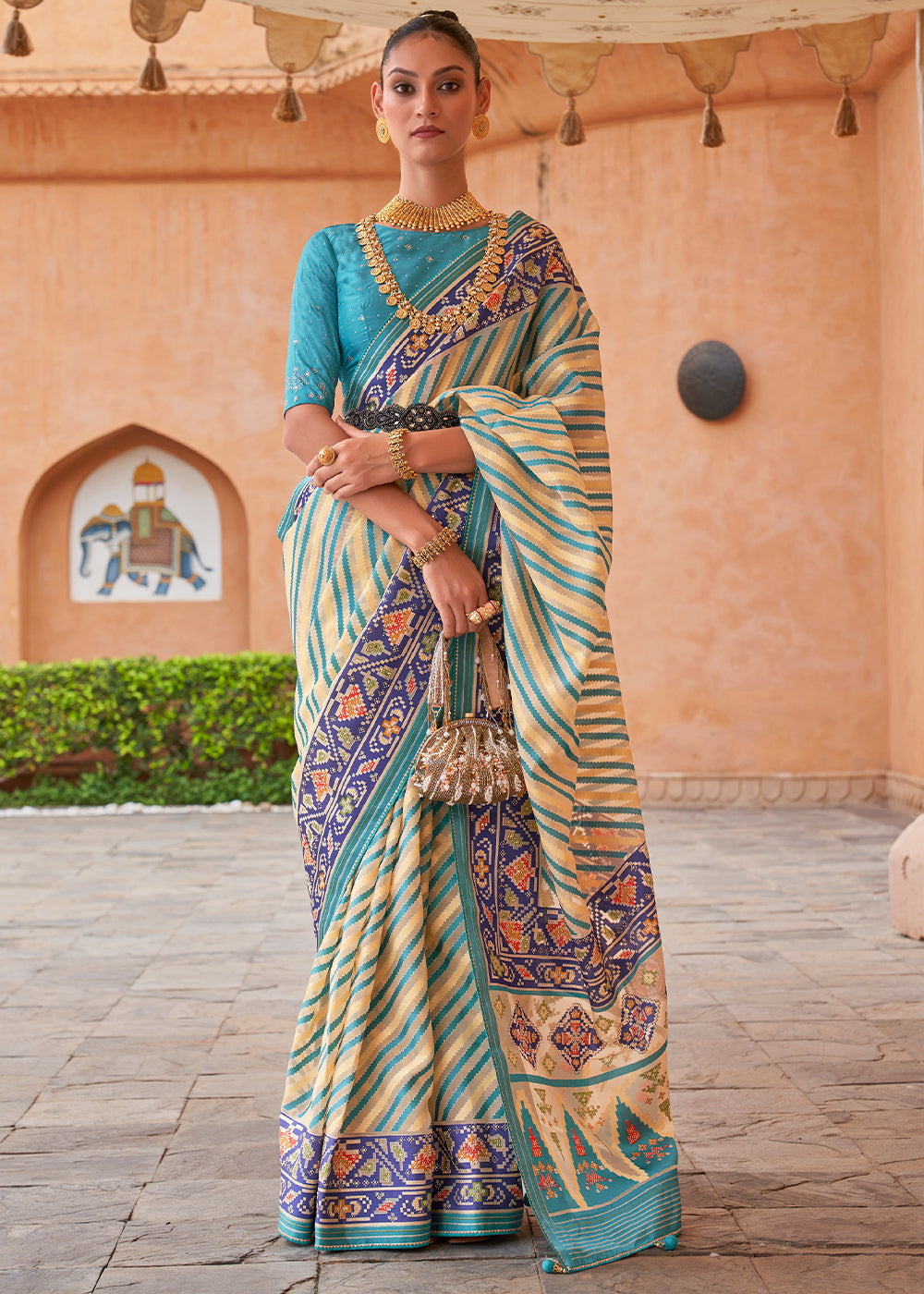 Buy MySilkLove Ming Blue Patola Printed Tissue Silk Saree Online