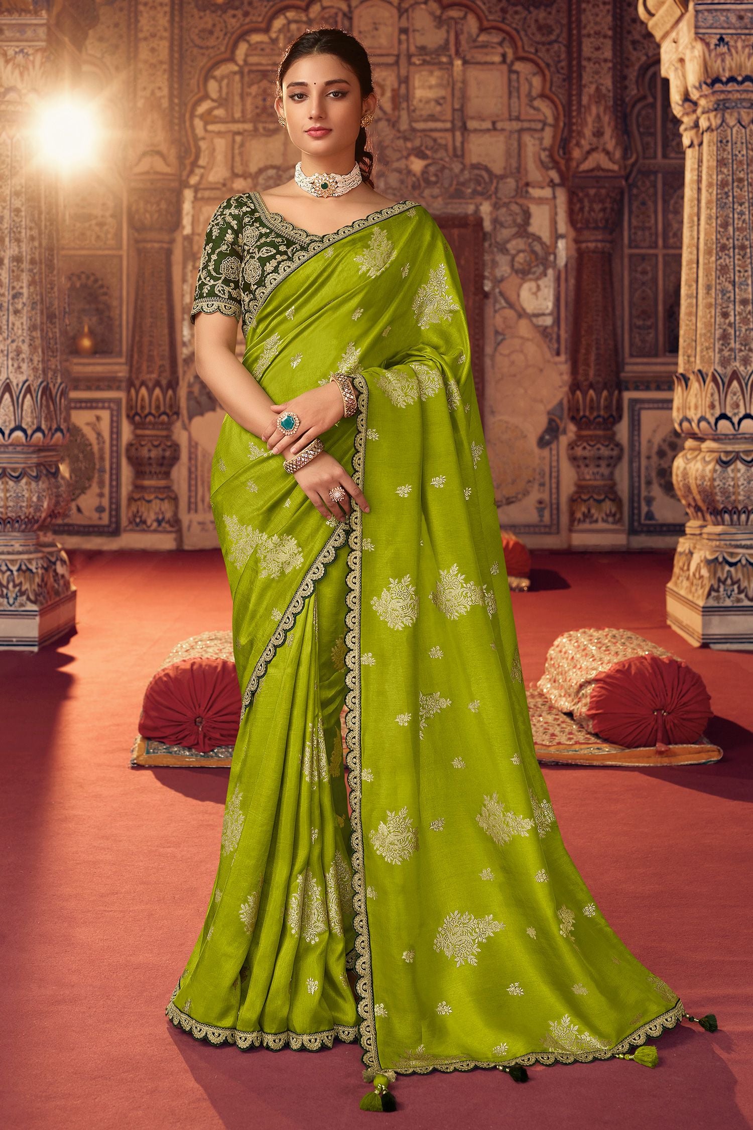 Buy MySilkLove Sahara Green Organza Woven Silk Saree with Peacock Motifs Online